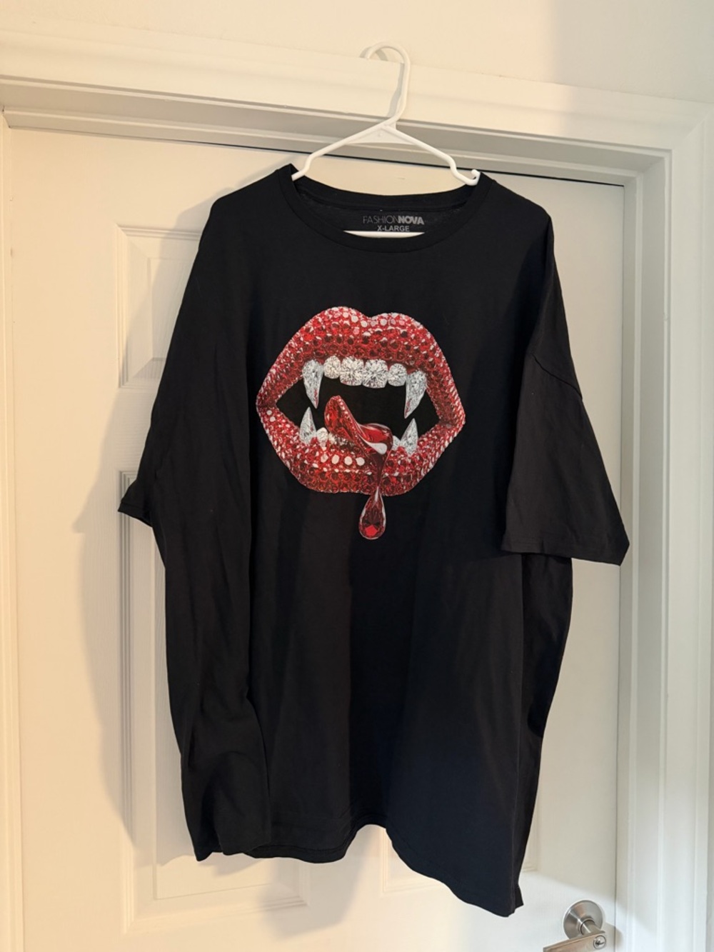 Fashion Nova Black Tee with Red Sequin Lips Graphic